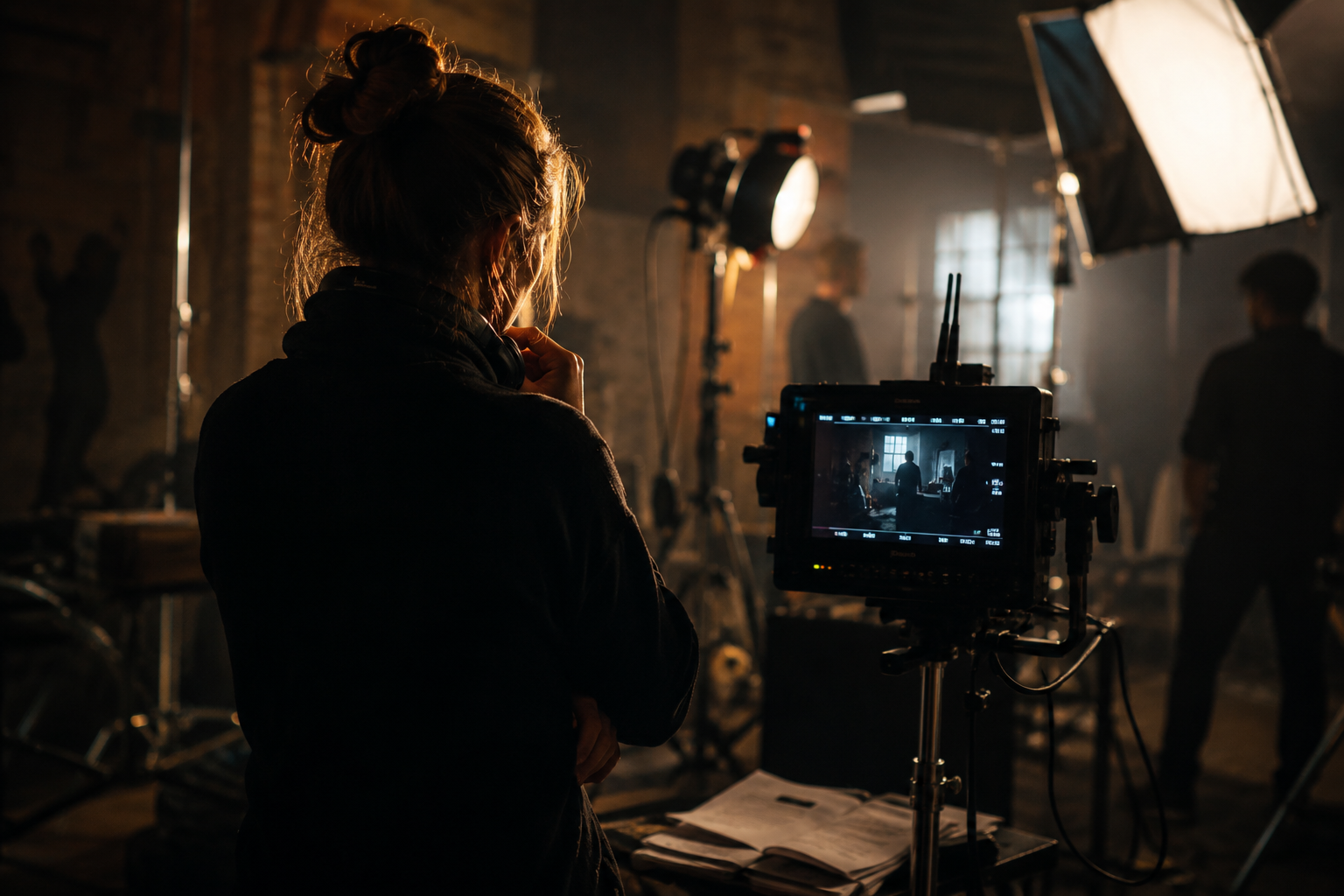 Regisseurin am Set vor Preview-Monitor