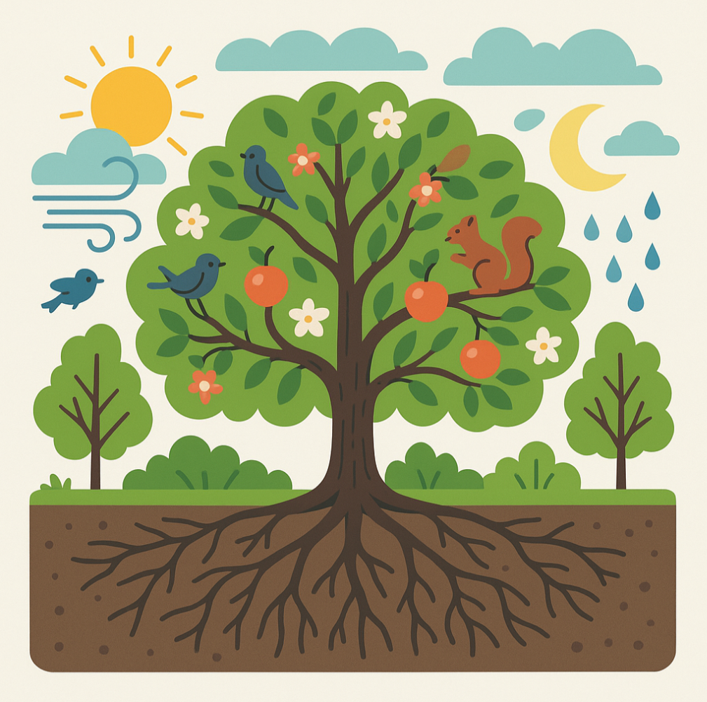 Living Systems Framework Illustration: Baum mit Wurzeln im Boden, Ästen mit Blättern, Blüten und Früchten, Vögeln, einem Eichhörnchen, Wetter, Wind, Wolken, Sonne, Mond und Regen
